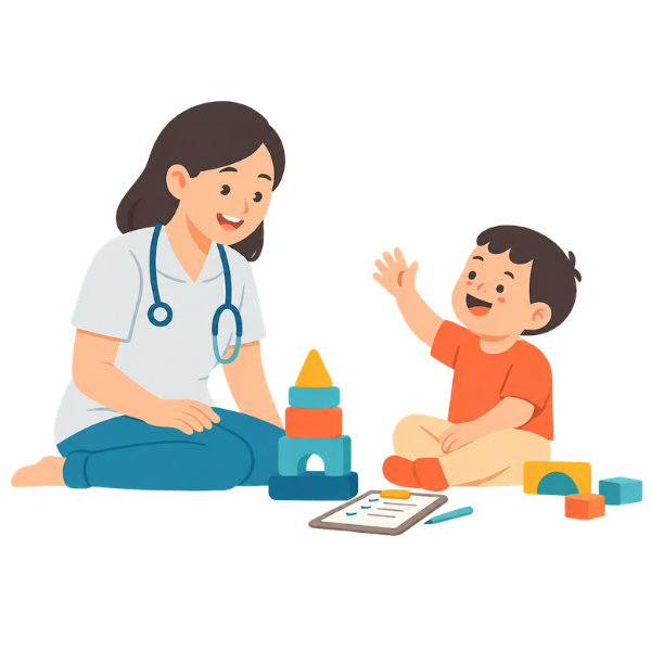 看護師と子どもがチェックシートを使って関わるイラスト