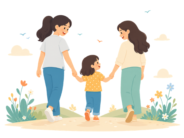 子どもと家族が手をつないで歩くイラスト