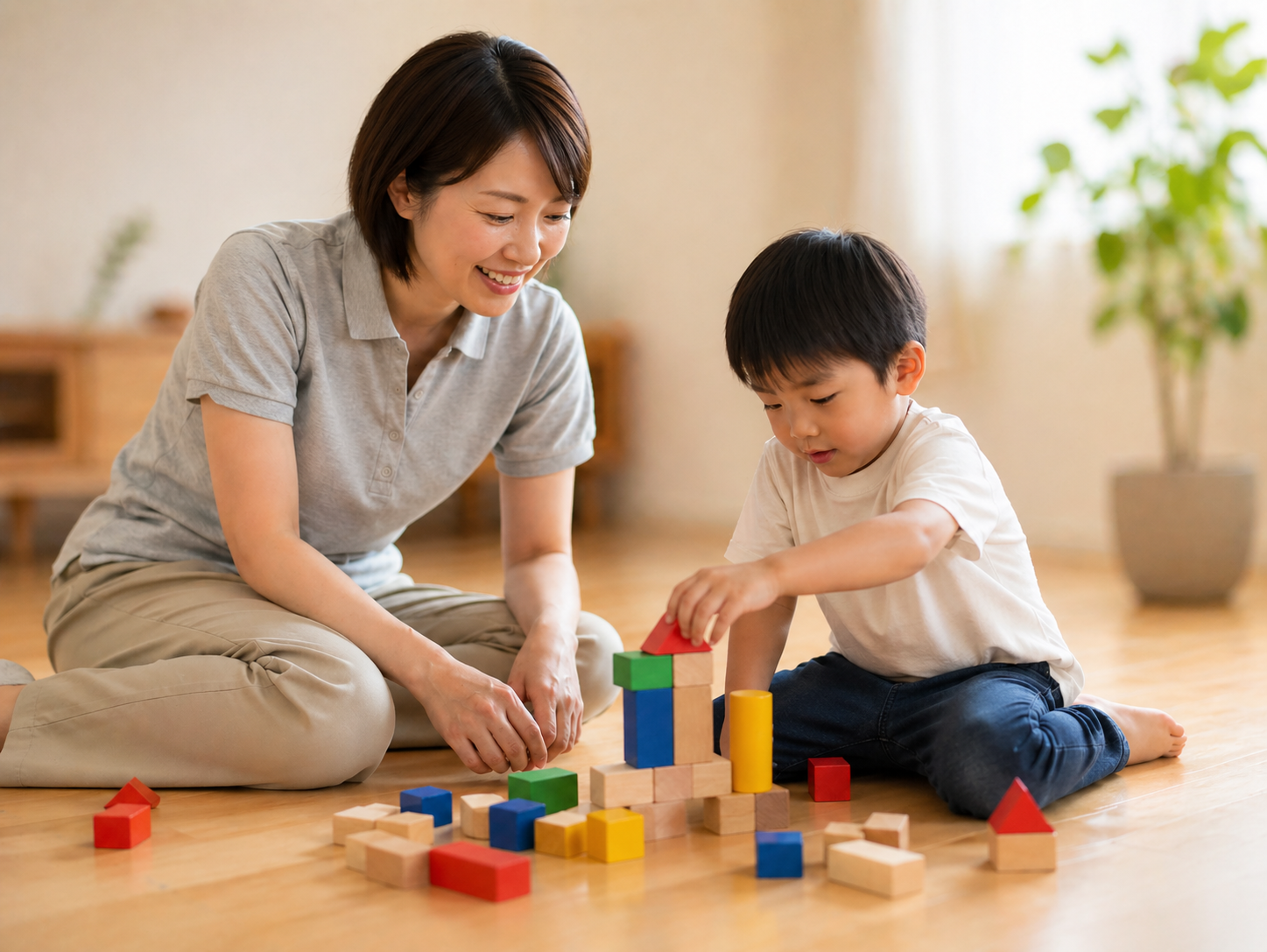 子どもと一緒に積み木で遊ぶ看護師